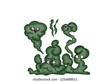 Bacterias and Mold Monster Character, Poisonous spores, Green Smoke It affects bread and other foods. Funny fungus cartoon On White background. Vector realistic illustration.