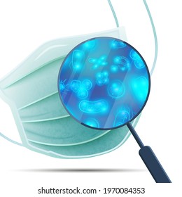 A lot of bacterias and viruses on medical face mask under magnifying glass isolated on white