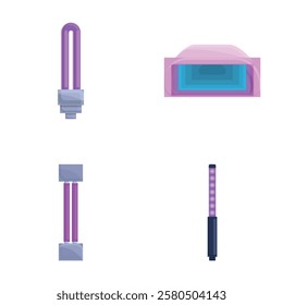 Bactericidal lamp icons set cartoon vector. Luminous lamp with ultraviolet ray. Device with ultraviolet light