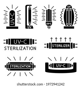 Bactericidal UV lamp. Medical antimicrobial device for home, clinic, hospital. Efficient light bulb. Ultraviolet light double sterilization of air and surfaces. UV-C sterilizer. Vector glyph icons