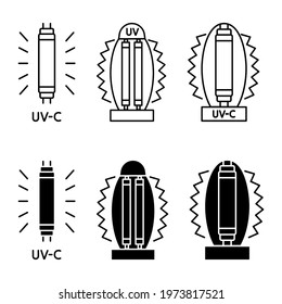 Bactericidal UV lamp. UV-C sterilizer lamp. Device with ultraviolet light. Ultraviolet germicidal irradiation and sterilization. Surface cleaning, medical decontamination procedure. Vector icons