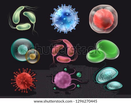 Bacteries and viruses vector set, microbiology elements isolated on black background