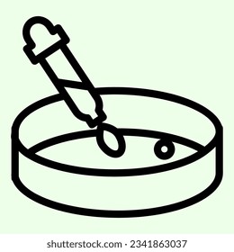 Bacteriological experiment line icon. Petri dish analysis with pipette outline style pictogram on white background. Biology and chemistry signs mobile concept web design. Vector graphics.