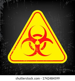 Bacteriological Hazard Red Sign On Yellow Triangle. Bio Toxic Rubber Sign. Concept Of  Bacteriological Hazard  On Gray Grunge Background For Your Web Site Design, Logo, App. EPS 10.