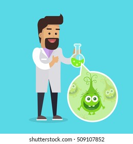 Bacteriologist with bacteria in glass flask vector illustration. Microbiologist makes investigation of germs. Scientist in white gown inspects viruses in flat cartoon style. Frighten bacteria monster