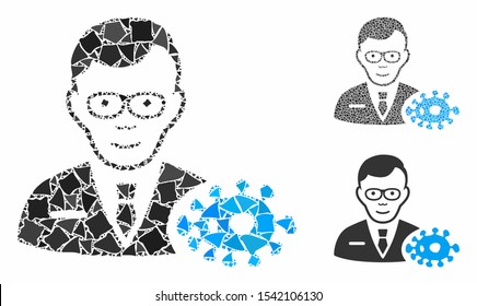 Bacteriologist composition of irregular parts in various sizes and color tints, based on bacteriologist icon. Vector irregular pieces are composed into collage.