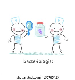 bacteriologist looking through a magnifying glass on the bacteria in the bank