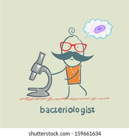 bacteriologist thinking about germs and looks through a microscope