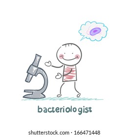 bacteriologist thinking about germs and looks through a microscope