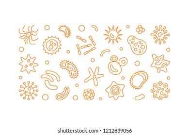 Bacteriology and microbiology horizontal banner. Vector bacteria and microbiology concept illustration in outline style on white background