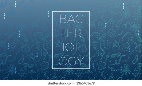 Bacteriology and Microbiology Medical Abstract Background. Vector Dark Gradient Landing Page, Advertising Card or Banner Template. Abstract Bacterias and Viruses Hand Drawn Seamless Design.