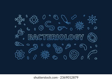 Vector de bacteriología Concepto de educación Banner azul horizontal o ilustración en estilo de contorno con fondo oscuro