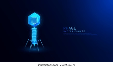 Bacteriófago o fago. El virus afecta y destruye las células bacterianas dañinas internas del ser humano. Modelo de microbios brillantes sobre fondo azul. Investigación y análisis de ciencias médicas. Vector EPS10.