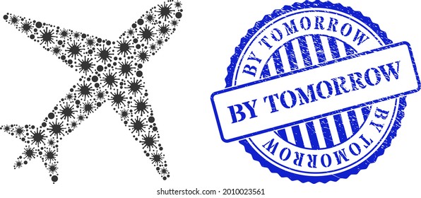 Bacterium collage airplane icon, and grunge BY TOMORROW stamp. Airplane mosaic for isolation images, and grunge round blue stamp imprint. Vector mosaic is created with random infection elements.