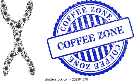 Bacterium collage chromosome icon, and grunge COFFEE ZONE seal stamp. Chromosome collage for isolation templates, and corroded round blue stamp seal.