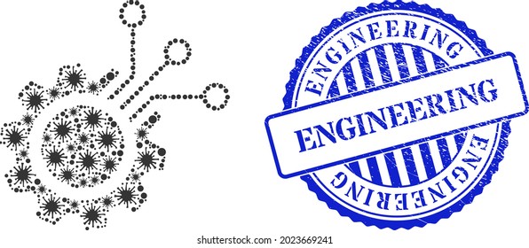 Icono del engranaje electrónico del colgante del bacteria y sello del sello de la junta de estanqueidad del INGENIERING. Collage electrónico de los engranajes para las plantillas de separación y sello azul redondo no limpio.