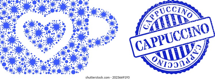 Bacterium collage favourite cup icon, and grunge CAPPUCCINO seal. Favourite cup mosaic for medical images, and grunge round blue stamp. Vector collage is made with randomized bacterium elements.