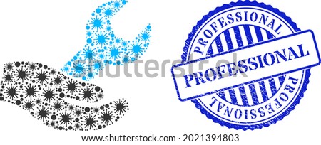 Bacterium collage hand and wrench icon, and grunge PROFESSIONAL seal stamp. Hand and wrench mosaic for isolation images, and corroded round blue stamp seal.