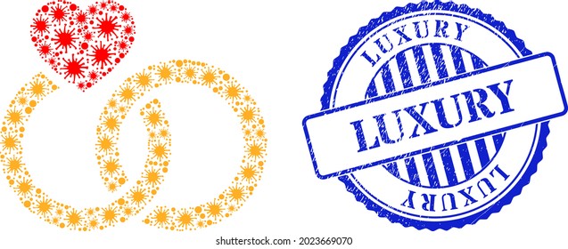 Bacterium collage marriage rings icon, and grunge LUXURY stamp. Marriage rings collage for pandemic templates, and grunge round blue stamp imprint. Vector collage is made from random bacterium icons.