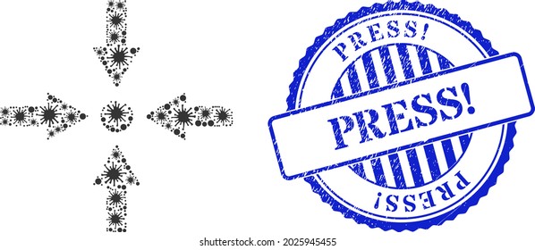Bacterium collage meeting point icon, and grunge PRESS Exclamation seal stamp. Meeting point collage for epidemic templates, and dirty round blue stamp. Vector collage is composed with random