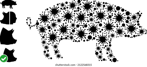 Bacterium collage pig icon, and additional icons. Pig collage for medical templates. Vector collage is made of randomized infection icons.