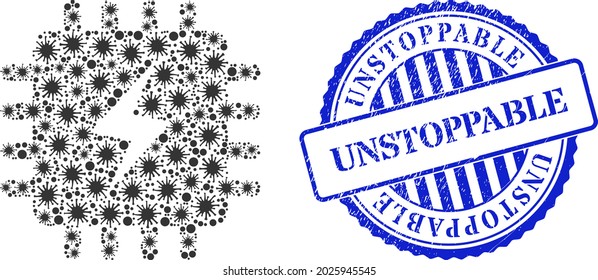 Bacterium collage power chip icon, and grunge UNSTOPPABLE seal. Power chip mosaic for medical images, and scratched round blue stamp seal. Vector mosaic is designed of scattered bacilla icons.