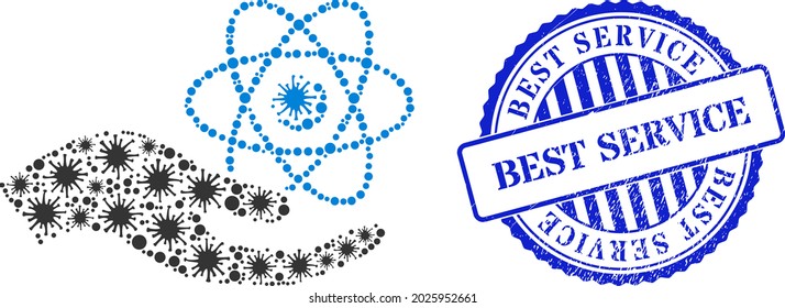 Bacterium collage quantum service hand icon, and grunge BEST SERVICE seal stamp. Quantum service hand collage for pandemic images, and dirty round blue stamp.