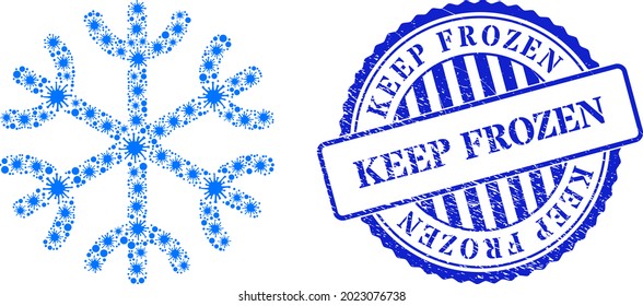 Icono de copo de nieve de color bacteriano y sello de sello de sello KEEP FROZEN. Collage de copos de nieve para imágenes de ruptura y sello azul redondo sucio. El collage vectorial está organizado con partes de células aleatorizadas.