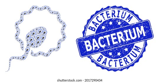 Bakterium schmutzige Rundstempelrobbe und Vektorfraktale Kollagenzellinemination. Die blaue Stempeldichtung hat Bakterientext in Kreisform. Die Vektorgrafik wird aus Piktogrammen mit Zufallsbefruchtung hergestellt.