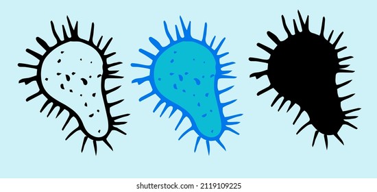 the bacterium icon is blue. a microbe of uneven shape, hand-drawn in the style of doodles with a black outline and silhouette on white. oval shaped bacterial element with texture and tentacles 