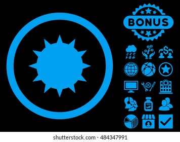 Bacterium icon with bonus images. Vector illustration style is flat iconic symbols, blue color, black background.