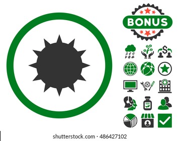 Bacterium icon with bonus pictogram. Vector illustration style is flat iconic bicolor symbols, green and gray colors, white background.