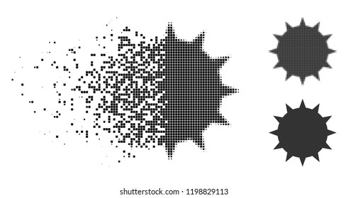 Bacterium icon in dispersed, dotted halftone and undamaged solid variants. Particles are grouped into vector dispersed bacterium symbol. Disappearing effect involves rectangle particles.