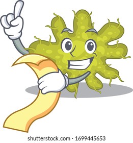 Bacterium mascot character design with a menu on his hand