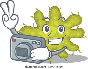 Bacterium mascot design as a professional photographer working with camera