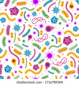 El microorganismo bacteriano es un patrón transparente. Bacterias y gérmenes coloridos, microorganismos, objetos causantes de enfermedades, cáncer celular, bacterias, virus, hongos, protozoos.Dibujo tipo Vector plano.