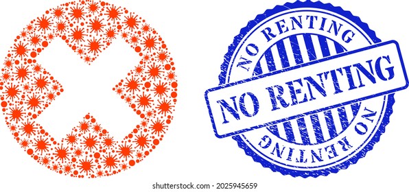 Icono de borrado de mosaico de bacterias y sello de sello NO RENTING de grunge. Borrar el collage de las plantillas pandémicas y el sello azul redondo texturado. El collage vectorial se organiza a partir de bacterias dispersas.