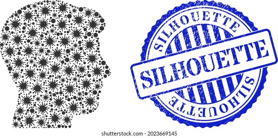 Bacterium mosaic man head profile icon, and grunge SILHOUETTE stamp. Man head profile mosaic for medical images, and grunge round blue stamp seal. Vector collage is created of randomized cell items.