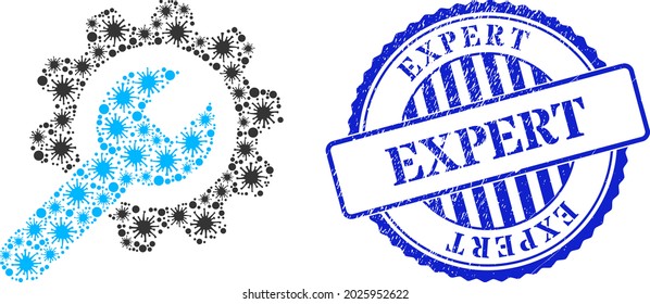 Bacterium mosaic repair service icon, and grunge EXPERT stamp. Repair service mosaic for epidemic templates, and grunge round blue seal print. Vector mosaic is composed with scattered viral parts.
