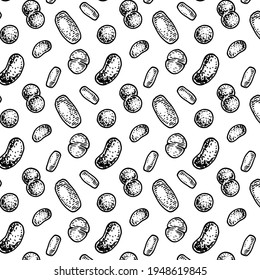 Bacterium seamless pattern in realistic sketch stile. Hand drawn medical background. Vector illustration