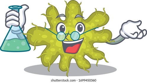 Bacterium smart Professor Cartoon design style working with glass tube