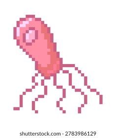 Bacterium with tentacle appendage rendered in pixel blocks, single organism on clean background. Symbol of infection, microbiology, and danger in retro game style. Cartoon vector illustration.