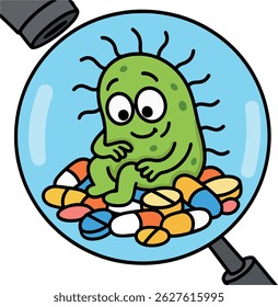 A bacterium under a microscope with tablets.
A green bacterium with eyes sits on a mountain of pills under a magnifying glass. Material for medicine, microbiology, antiseptics and treatment.