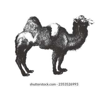 Bactrian camel (Camelus bactrianus). Doodle sketch. Vintage vector illustration.