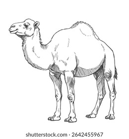 Camelo Bactriano - Camelus ferus. Camelo gracioso com sela decorada de pé em terreno arenoso. O conceito da natureza da vida selvagem. ilustrado em um esboço detalhado em um terreno arenoso.
