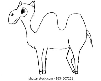 Bactrian camel. Side view. Ship of desert. Zoo motive and protection of wildlife and nature in Middle Asia. Vector image in children style. Can be used for printing, illustration and coloring book