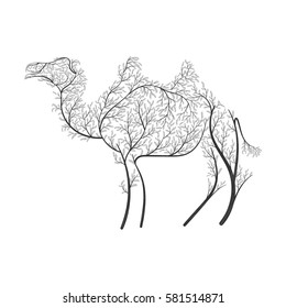 Bactrian camel stylized bushes on a white background  for use as logos on cards, in printing, posters, invitations, web design and other purposes.