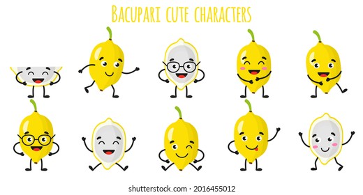 Frutos de Bacupari lindos personajes alegres con diferentes poses y emociones.