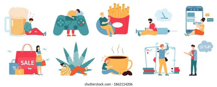 Bad addictions. Male and female characters with drug addiction, overeating, alcoholism, unhealthy lifestyle. Addicted people vector illustrations. Gambling, smartphone and marijuana dependency