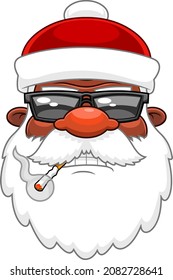 Bad African American Black Santa Face Cartoon Character With Sunglasses Smoking Cigarette. Vector Hand Drawn Illustration Isolated On Transparent Background